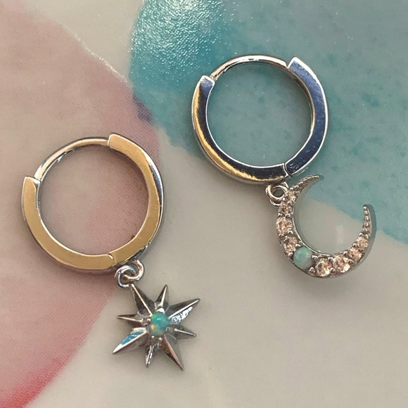 Jewelry - NWT 925 Sterling Silver Star Moon Celestial Dainty Huggie Hoop Opal Earrings